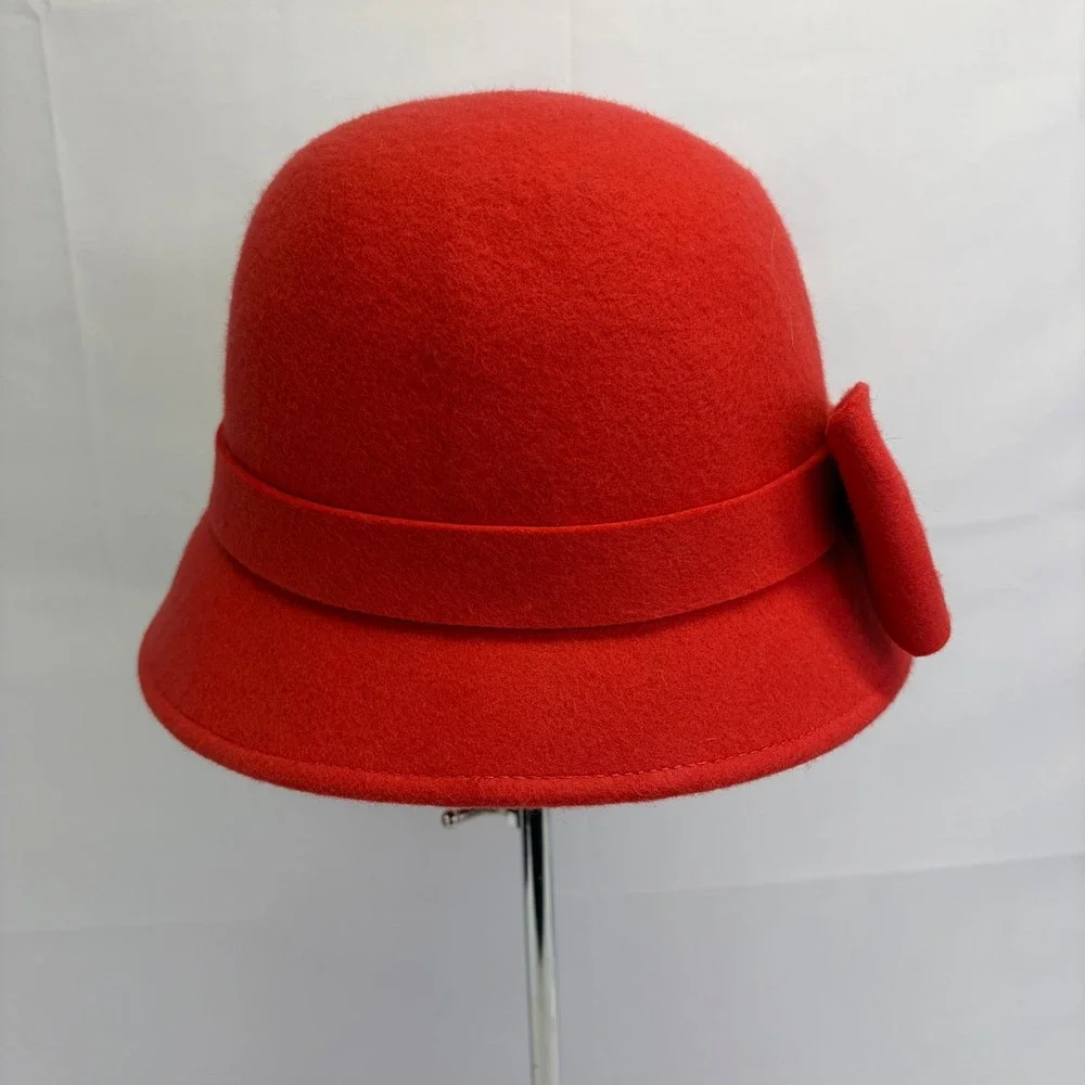 Kate Spade New York Wool Felt 1920s style Cloche Bucket Hat Red Bow